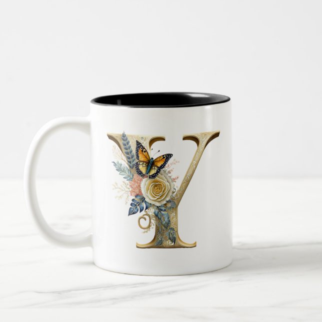 Taza Bicolor Letra bohemia floral elegante Y (Izquierda)