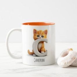 Taza Bicolor Letra C Cat Alphabet Monograma Café Mug