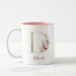 Taza Bicolor Letra D dorada, Monograma D, Regalo floral rosa pa