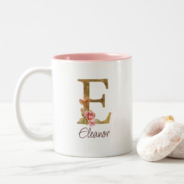 Taza Bicolor Letra de nombre personalizado E Rosas rosadas con  (Con donut)