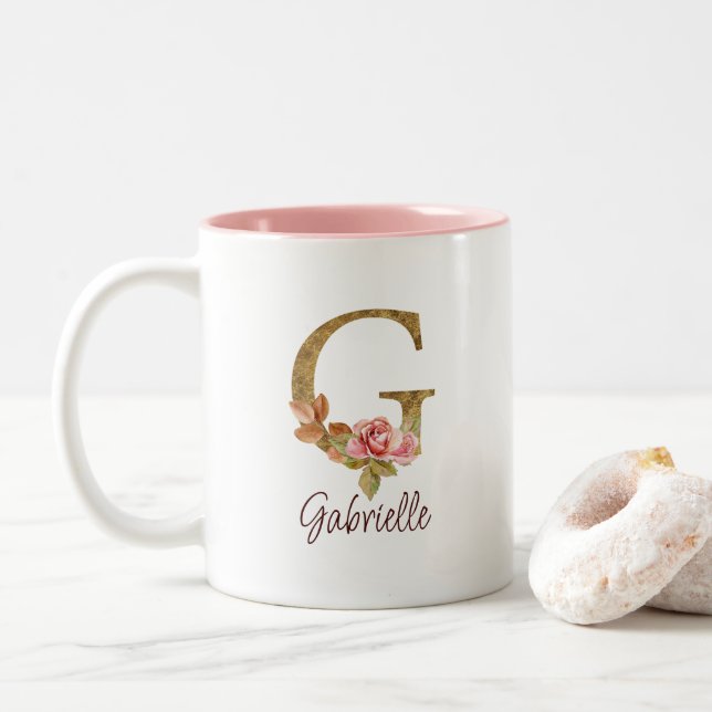 Taza Bicolor Letra de nombre personalizado G Lámina de oro Rosa (Con donut)