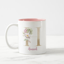 Taza Bicolor Letra dorada H, Monograma H, Regalo floral rosa pa