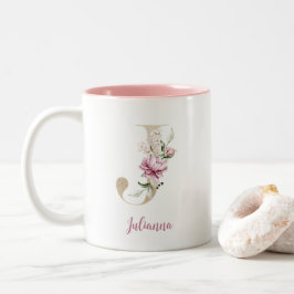 Taza Bicolor Letra dorada J, Monograma J, Regalo floral rosa pa