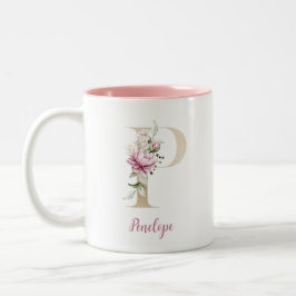 Taza Bicolor Letra dorada P, Monograma P, Regalo floral rosa pa