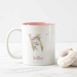 Taza Bicolor Letra dorada W, Monograma W, Regalo floral rosa pa