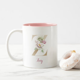 Taza Bicolor Letra dorada Z, Monograma Z, Regalo floral rosa pa