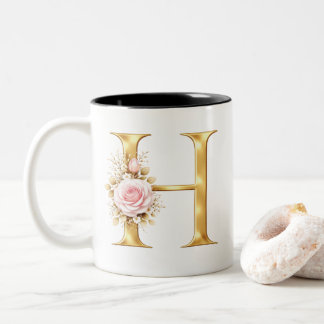 Taza Bicolor Letra H Floral Monograma Elegante