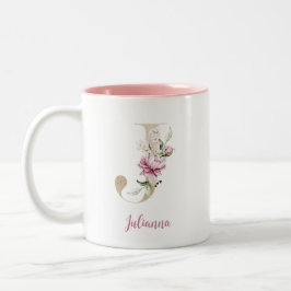 Taza Bicolor Letra J dorada, Monograma J, Regalo floral rosa pa
