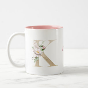 Taza Bicolor Letra K dorada monograma personalizada Floral rosa