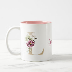 Taza Bicolor Letra L dorada con flores rosadas monograma person