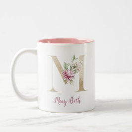 Taza Bicolor Letra M dorada, Monograma M, Regalo floral rosa pa