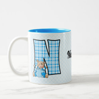 Taza Bicolor Letra monograma del oso azul del niño N nombre