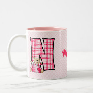 Taza Bicolor Letra monograma del oso rosa del niño N con nombre