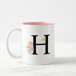 Taza Bicolor Letra Monograma H Flores Rosadas Acuarela Chic