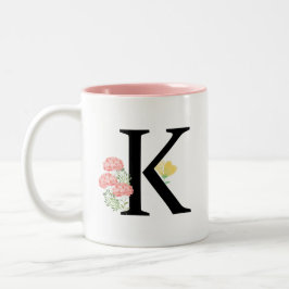 Taza Bicolor Letra monograma K Rosa acuarela pulverizador flora