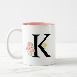 Taza Bicolor Letra monograma K Rosa acuarela pulverizador flora