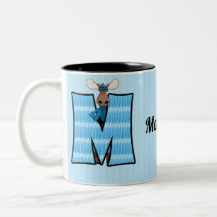 Taza Bicolor Letra monograma M del alce azul del niño con nombr