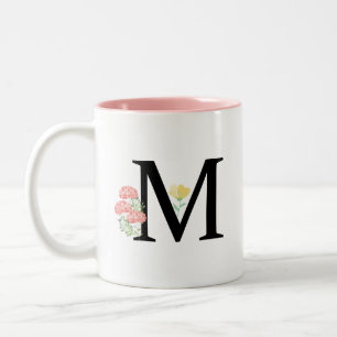 Taza Bicolor Letra Monograma M Ramas Florales de Rosas en Acuar