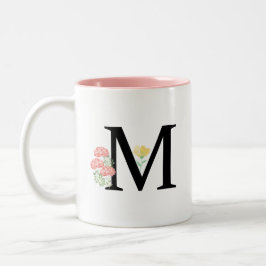 Taza Bicolor Letra monograma M Rosas acuarelas Spray floral