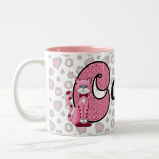 Taza Bicolor Letra monogramada de gato rosa C y niños con nombr
