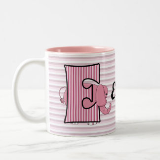 Taza Bicolor Letra monogramada E de elefante rosa con nombres d