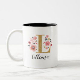 Taza Bicolor Letra monogramo rosa floral inicial L
