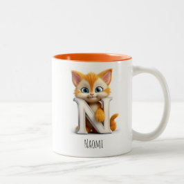 Taza Bicolor Letra N Cat Alphabet Monograma Café Mug