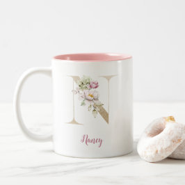 Taza Bicolor Letra N dorada, Monograma N, Regalo floral rosa pa