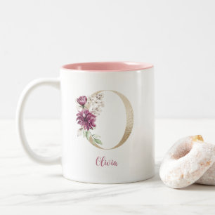Taza Bicolor Letra O dorada, Monograma O, Regalo floral rosa pa