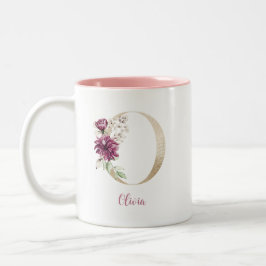 Taza Bicolor Letra O dorada, Monograma O, Regalo floral rosa pa