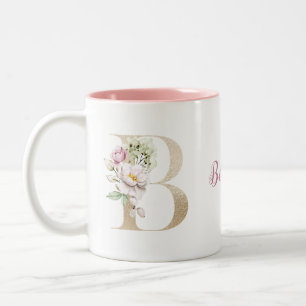 Taza Bicolor Letra oro monograma personalizada B floral rosa