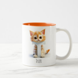 Taza Bicolor Letra T Cat Alphabet Monograma Café Mug