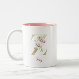 Taza Bicolor Letra Z dorada, Monograma Z, Regalo floral rosa pa
