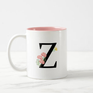 Taza Bicolor Letra Z Monograma Flores acuáticas rosa amarillo