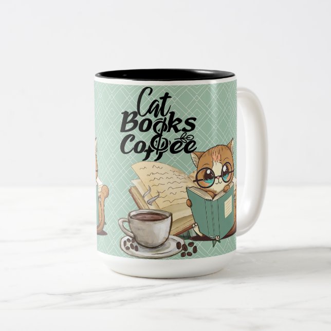 Taza Bicolor Leyendo libros con un gato lindo: el acogedor aman (Anverso derecho)