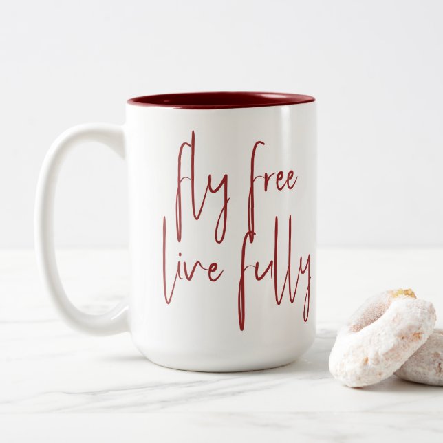 Taza Bicolor Libre de vuelos, vivir completamente (Con donut)