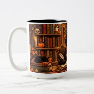 Taza Bicolor Librería de Halloween de Gato Negro Acogedor