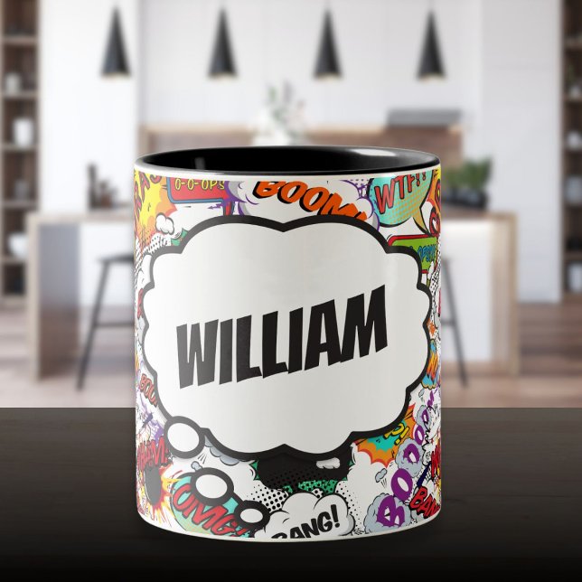 Taza Bicolor Libro de Cómic Divertido con Nombre Personalizado (Fun Personalized Name Comic Book Two-Tone Coffee Mug)