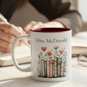 Taza Bicolor Libros Apilados Florales Personalizados para Maest