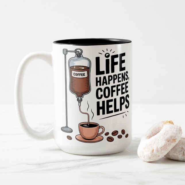 Taza Bicolor Life Happens Coffee Helps Funny Coffee Lover (Con donut)