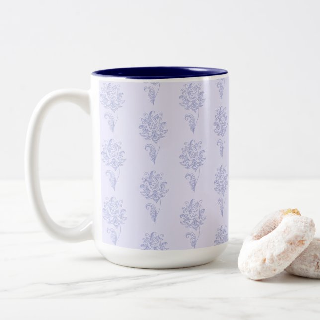 Taza Bicolor Light Blue Outlined Floral Pattern (Con donut)