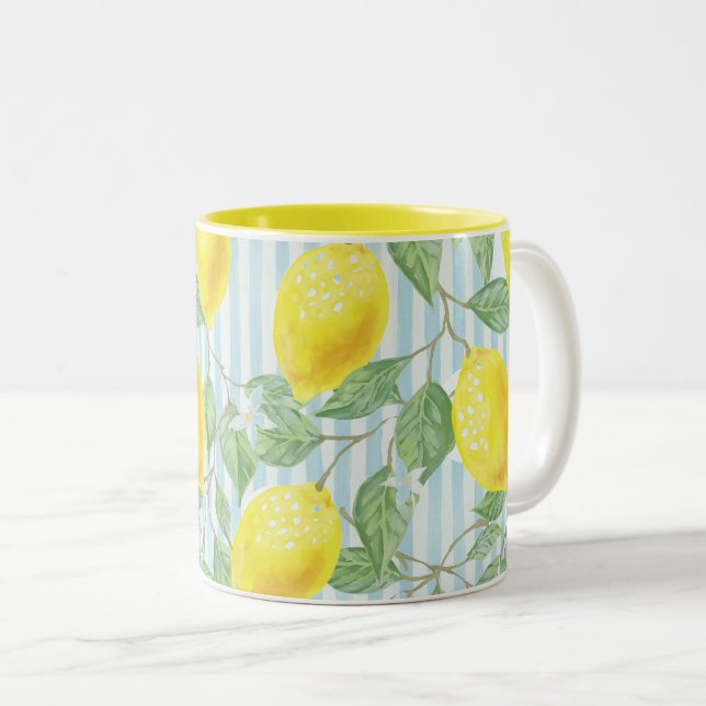 Taza Bicolor Limones de la acuarela y rayas azules (Anverso derecho)