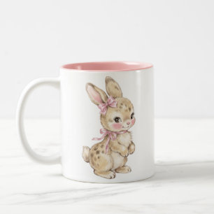 Taza Bicolor Lindo conejito bebé en acuarela con lazo rosa de d