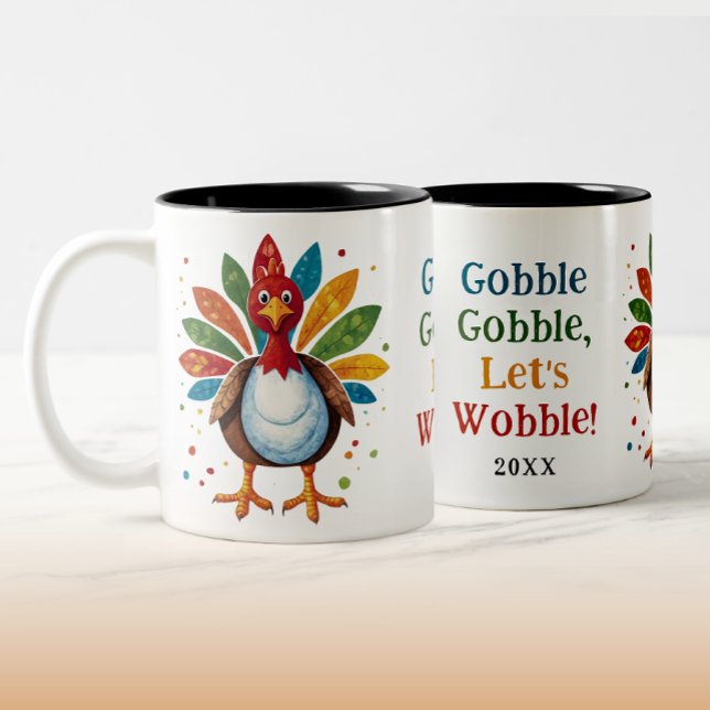 Taza Bicolor Lindo divertido gluglú arcoíris pavo Día de Acción (Subido por el creador)