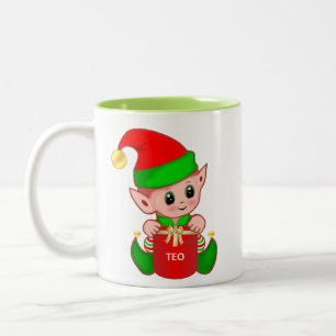 Taza Bicolor Lindo Elfo de Navidad con caja de regalo y texto e