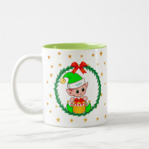 Taza Bicolor Lindo Elfo de Navidad Verde, Corona de Pino y Estr