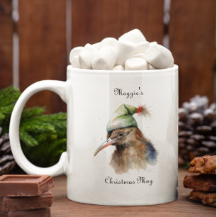 Taza Bicolor Lindo pájaro Kiwi con sombrero de duende de Navida