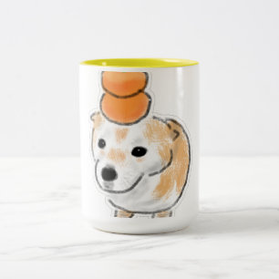 Taza Bicolor Lindo perro Shiba con mandarinas naranjas en la ca