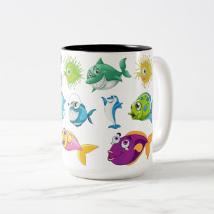 Taza Bicolor Lindo pez de dibujos animados Escuela y vida marin