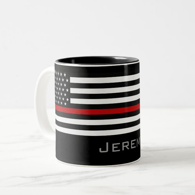 Taza Bicolor Línea roja fina personalizada bandera del bombero (Anverso izquierdo)